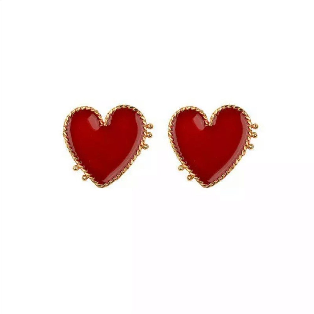Red Heart Stud Earrings w/ Gold Trim